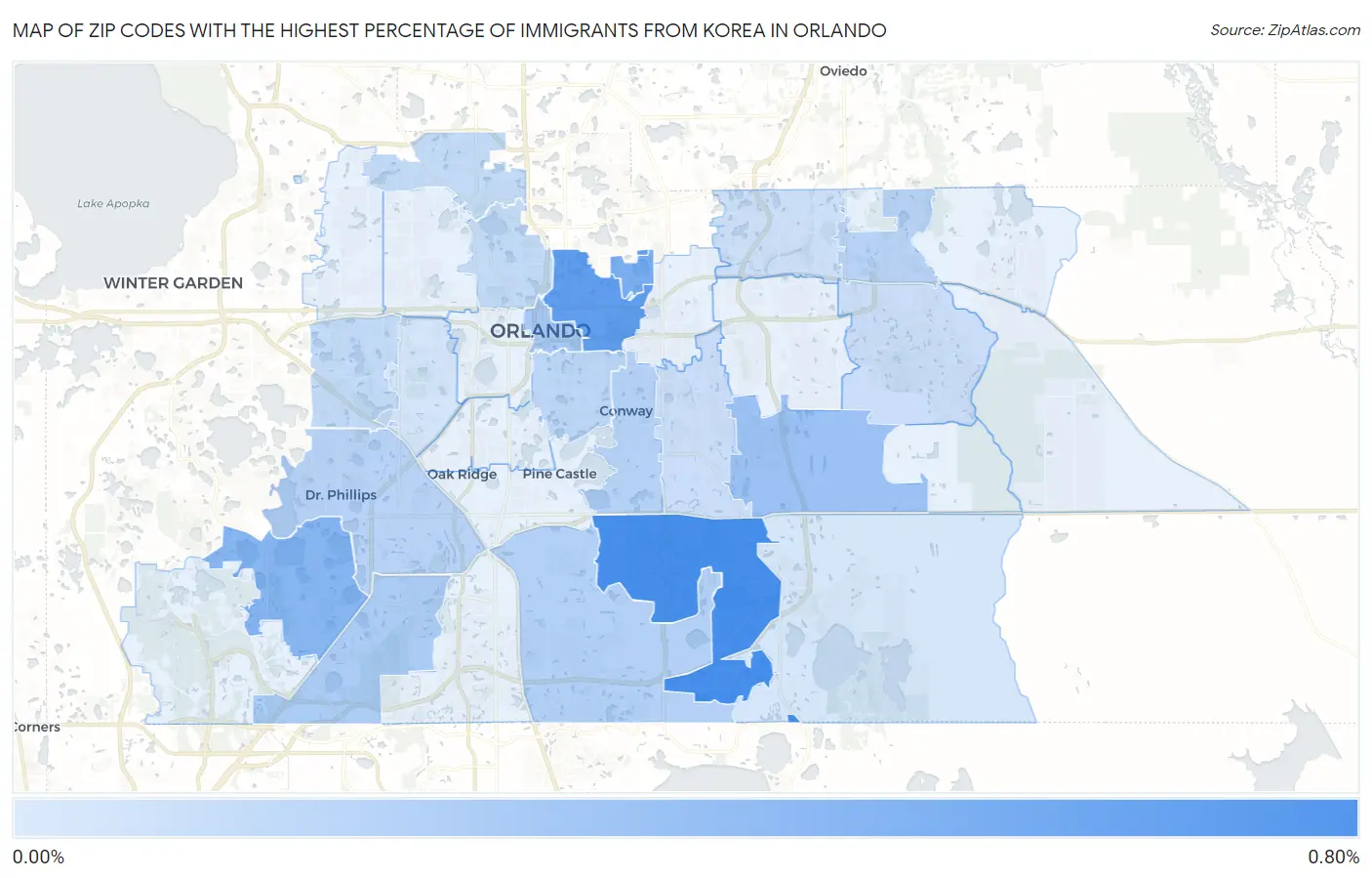 Zip Codes with the Highest Percentage of Immigrants from Korea in Orlando Map