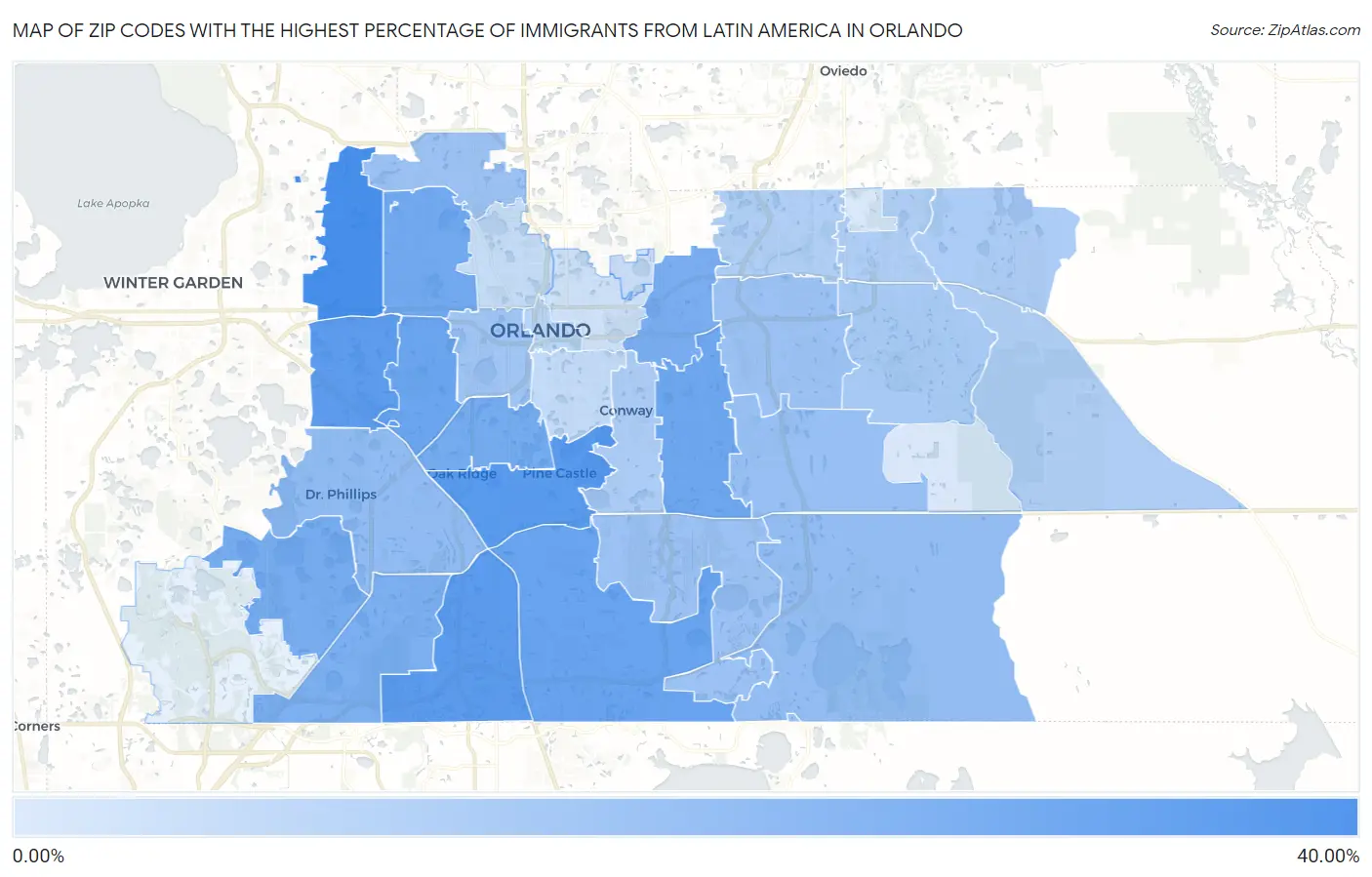 Zip Codes with the Highest Percentage of Immigrants from Latin America in Orlando Map