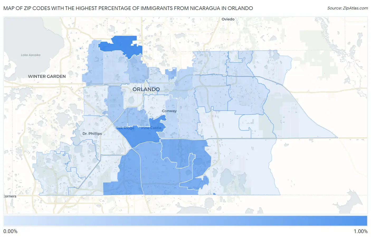 Zip Codes with the Highest Percentage of Immigrants from Nicaragua in Orlando Map