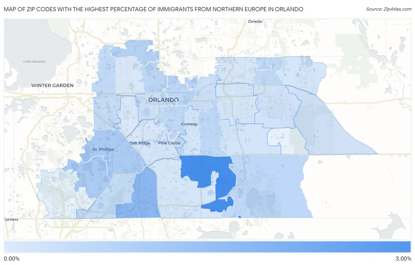 Zip Codes with the Highest Percentage of Immigrants from Northern Europe in Orlando Map