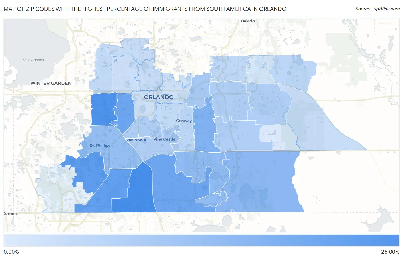 Zip Codes with the Highest Percentage of Immigrants from South America in Orlando Map