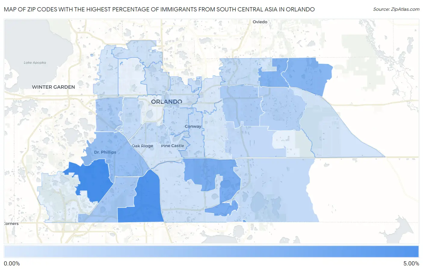 Zip Codes with the Highest Percentage of Immigrants from South Central Asia in Orlando Map