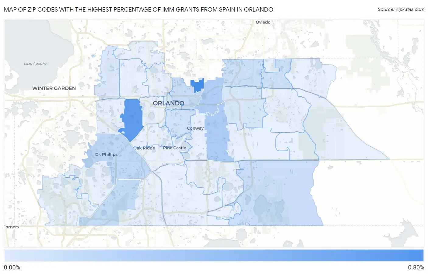 Zip Codes with the Highest Percentage of Immigrants from Spain in Orlando Map