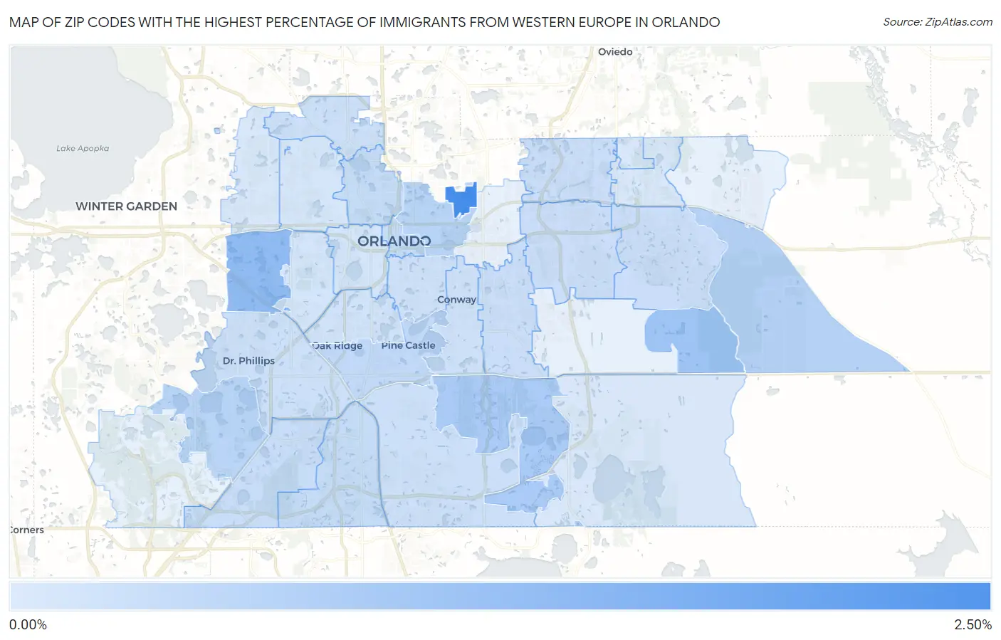 Zip Codes with the Highest Percentage of Immigrants from Western Europe in Orlando Map