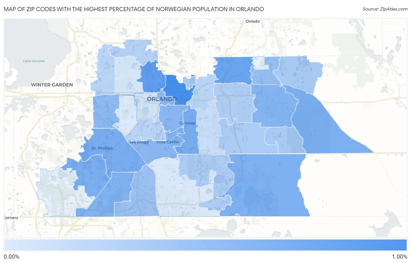 Zip Codes with the Highest Percentage of Norwegian Population in Orlando Map