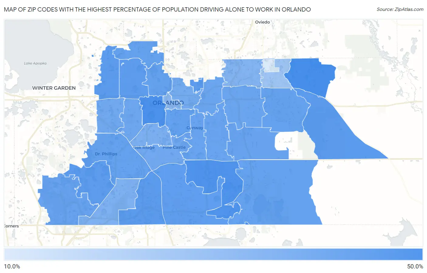 Zip Codes with the Highest Percentage of Population Driving Alone to Work in Orlando Map