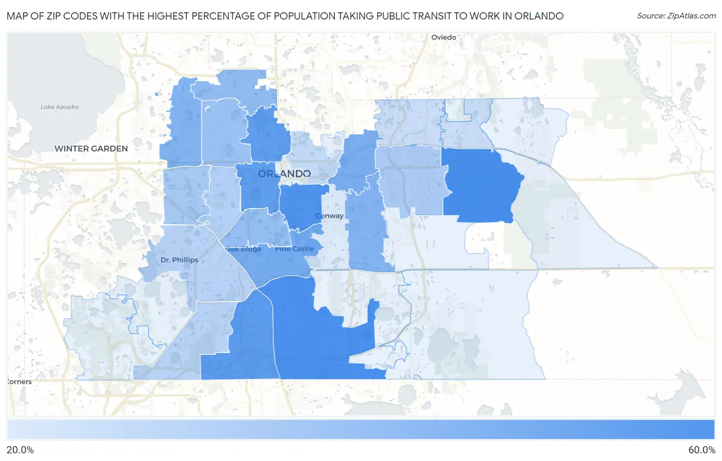 Zip Codes with the Highest Percentage of Population Taking Public Transit to Work in Orlando Map