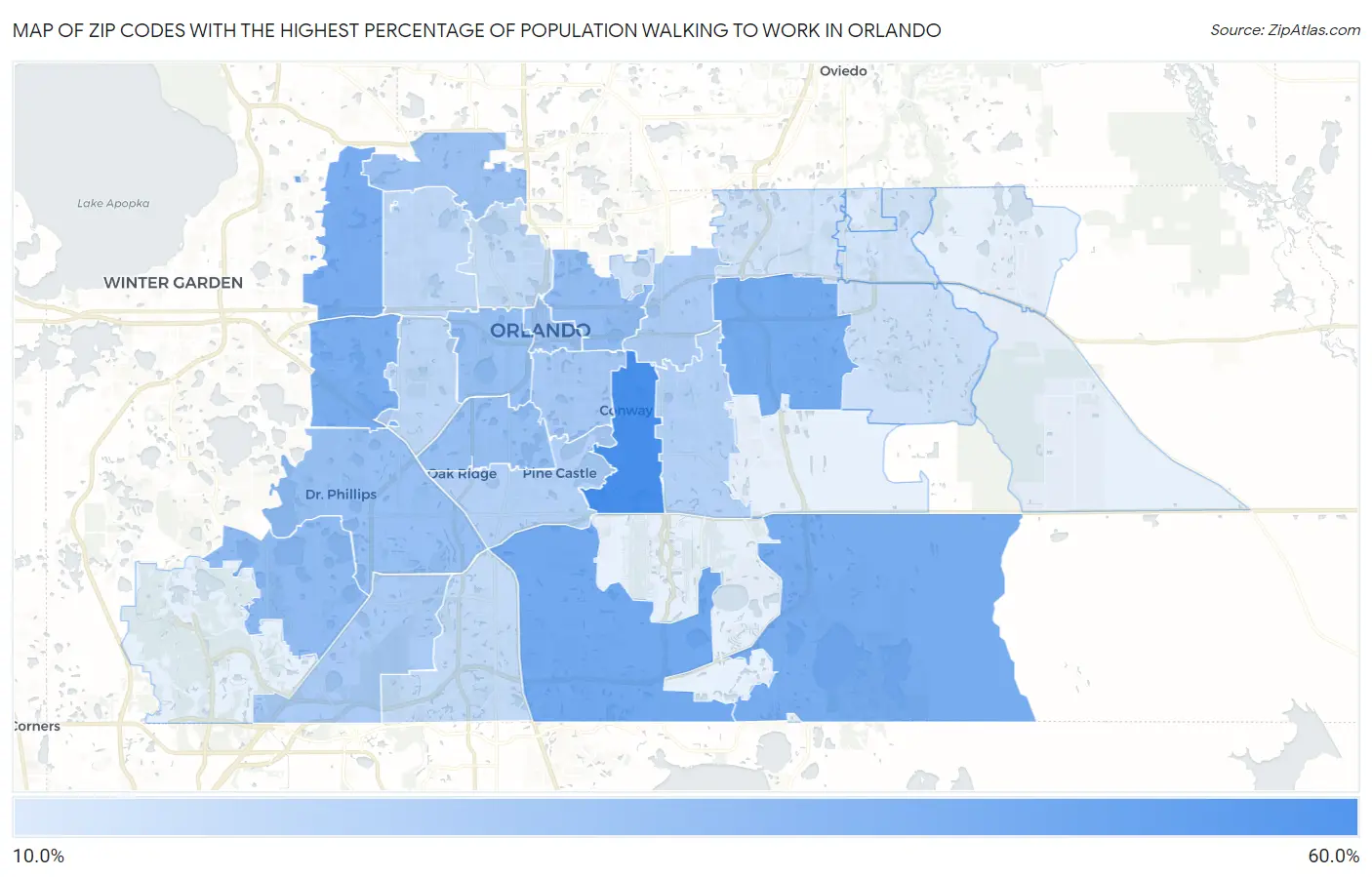 Zip Codes with the Highest Percentage of Population Walking to Work in Orlando Map