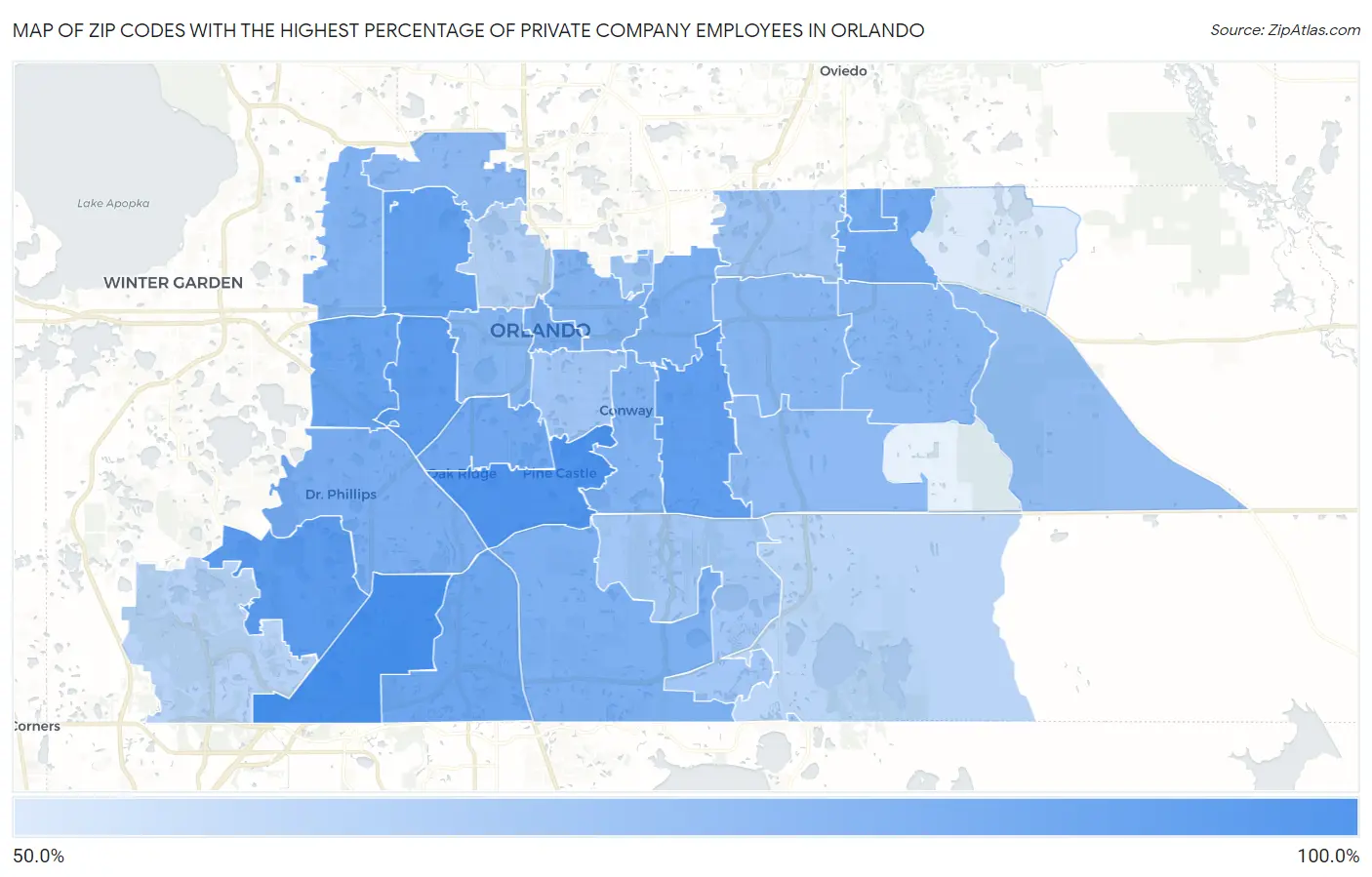 Zip Codes with the Highest Percentage of Private Company Employees in Orlando Map