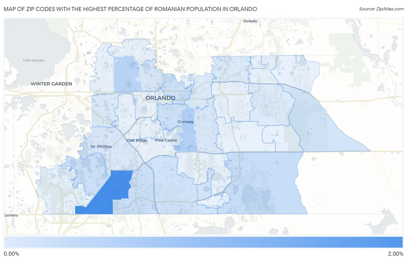 Zip Codes with the Highest Percentage of Romanian Population in Orlando Map