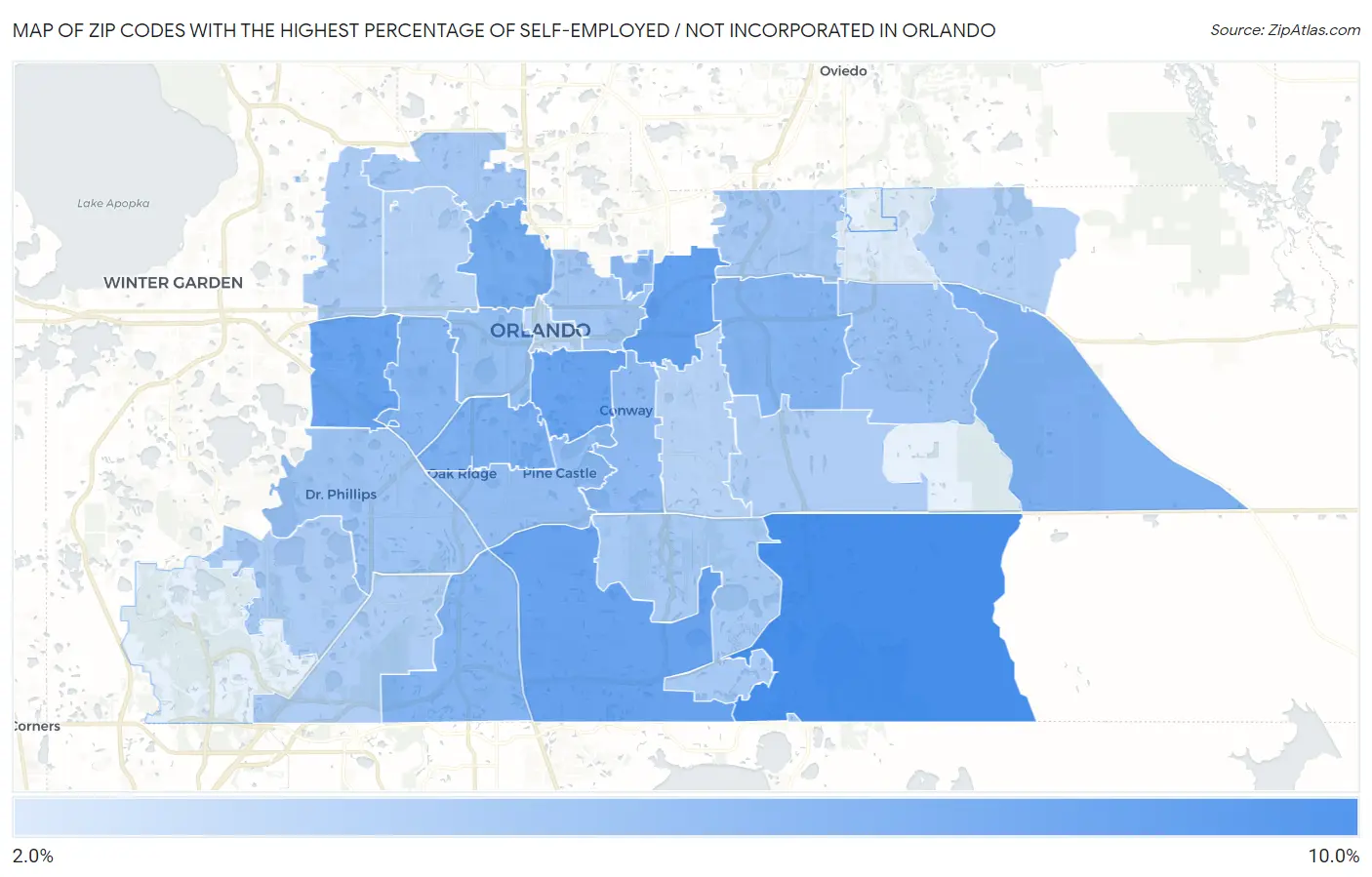 Zip Codes with the Highest Percentage of Self-Employed / Not Incorporated in Orlando Map