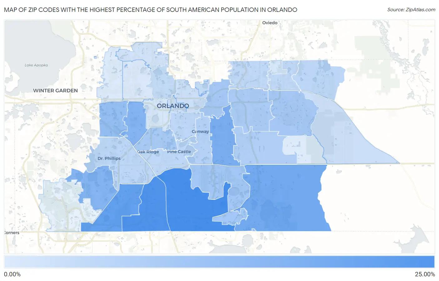 Zip Codes with the Highest Percentage of South American Population in Orlando Map