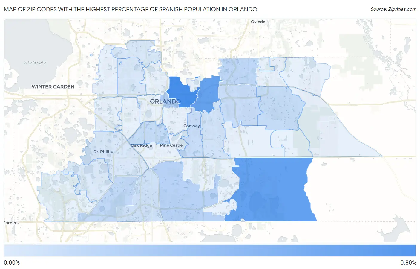 Zip Codes with the Highest Percentage of Spanish Population in Orlando Map