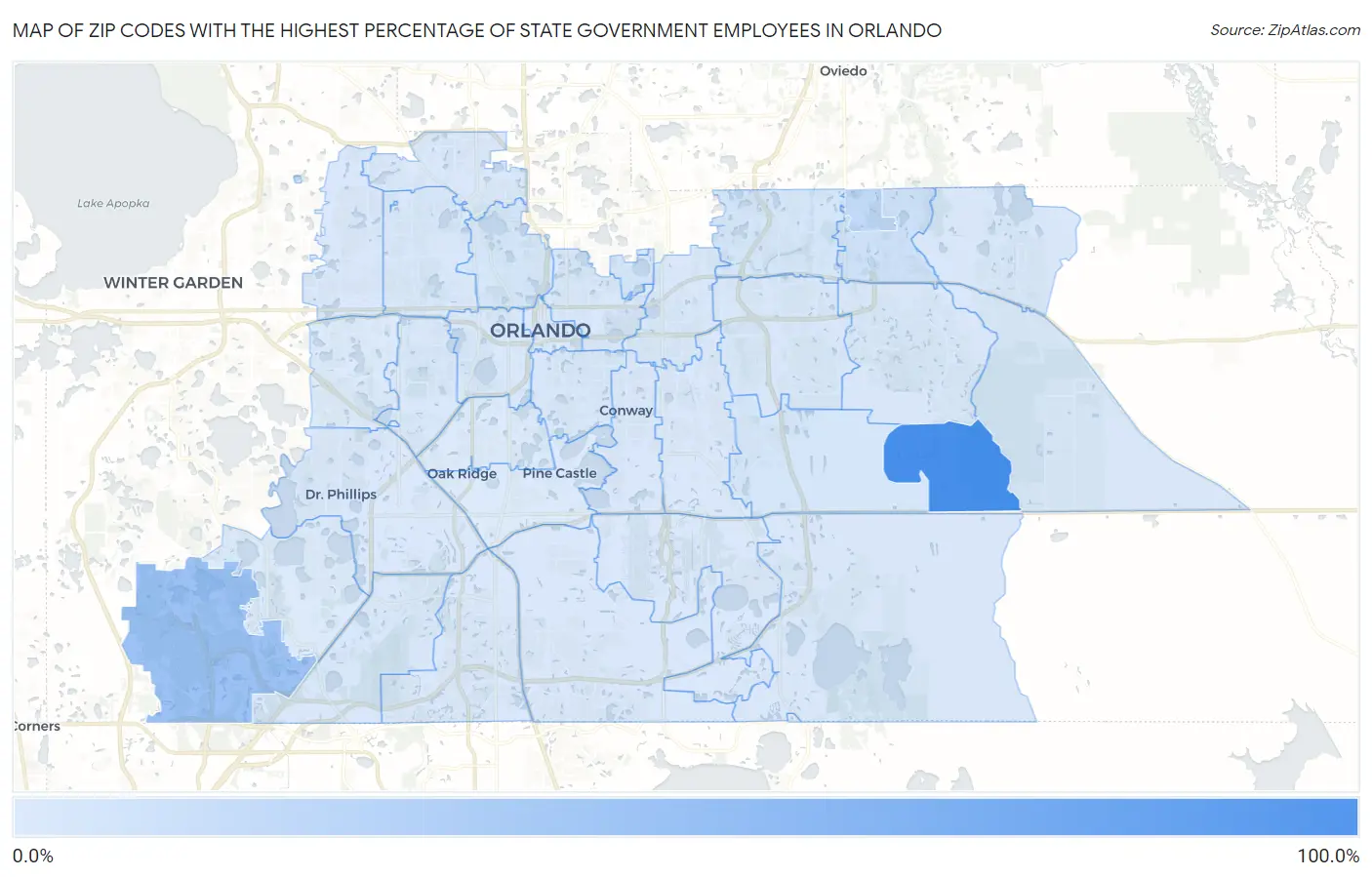 Zip Codes with the Highest Percentage of State Government Employees in Orlando Map