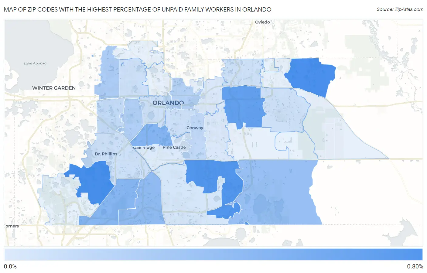 Zip Codes with the Highest Percentage of Unpaid Family Workers in Orlando Map