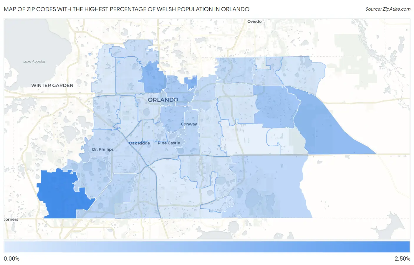 Zip Codes with the Highest Percentage of Welsh Population in Orlando Map