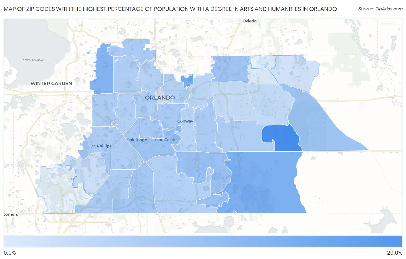 Zip Codes with the Highest Percentage of Population with a Degree in Arts and Humanities in Orlando Map