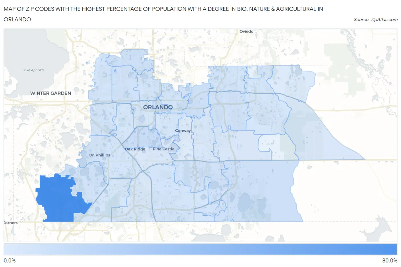 Zip Codes with the Highest Percentage of Population with a Degree in Bio, Nature & Agricultural in Orlando Map