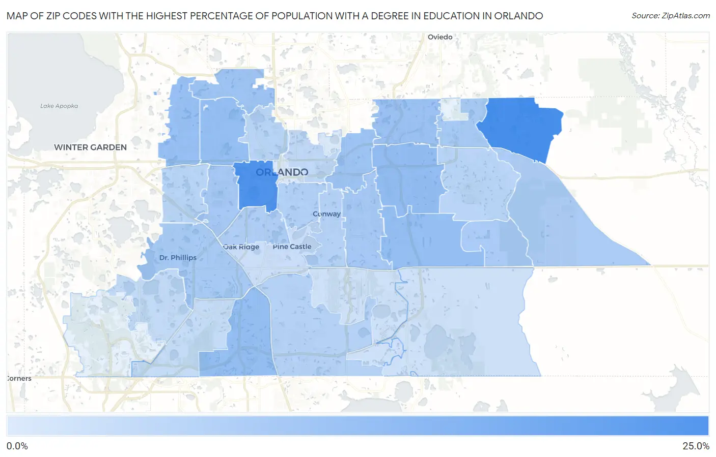 Zip Codes with the Highest Percentage of Population with a Degree in Education in Orlando Map