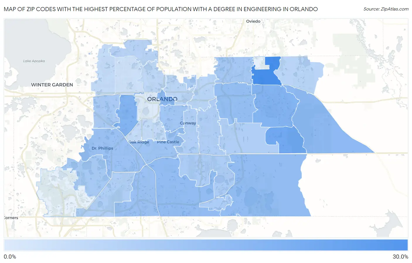 Zip Codes with the Highest Percentage of Population with a Degree in Engineering in Orlando Map
