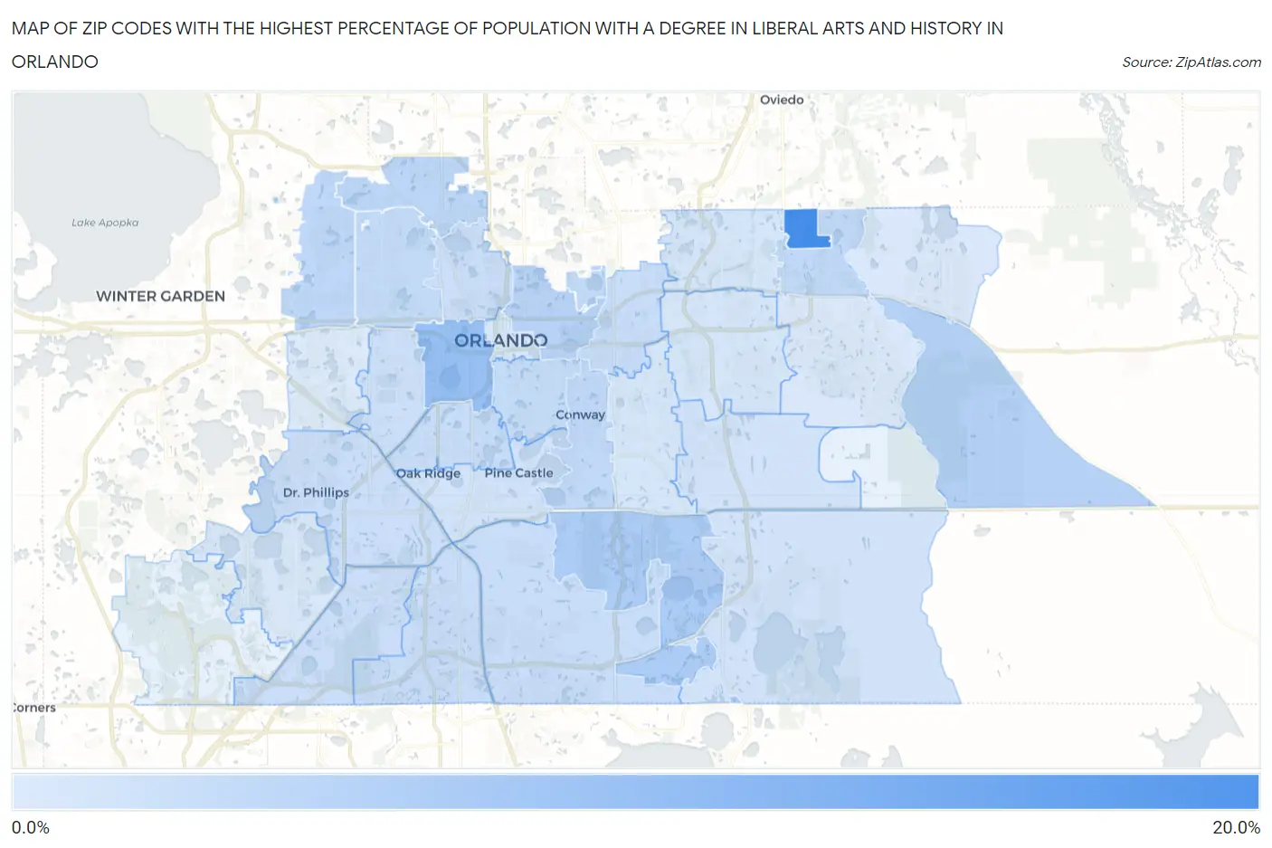 Zip Codes with the Highest Percentage of Population with a Degree in Liberal Arts and History in Orlando Map