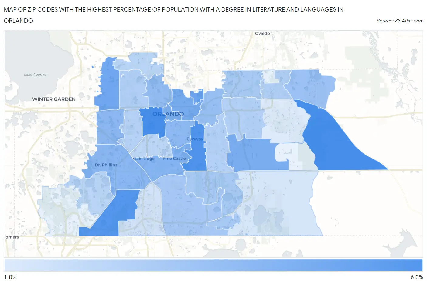 Zip Codes with the Highest Percentage of Population with a Degree in Literature and Languages in Orlando Map