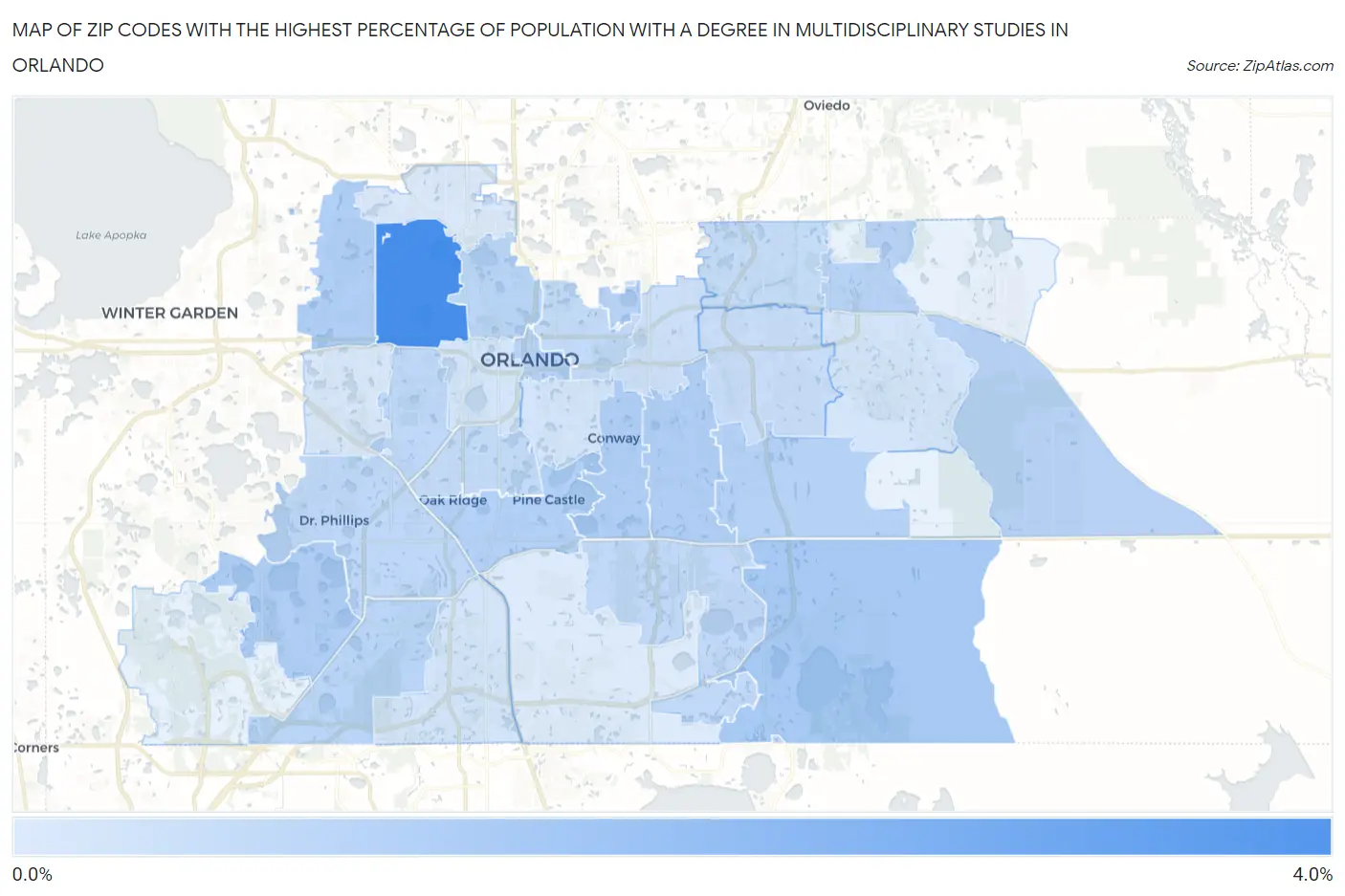 Zip Codes with the Highest Percentage of Population with a Degree in Multidisciplinary Studies in Orlando Map