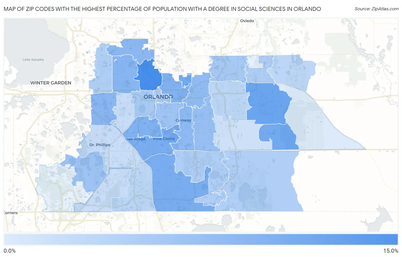 Zip Codes with the Highest Percentage of Population with a Degree in Social Sciences in Orlando Map