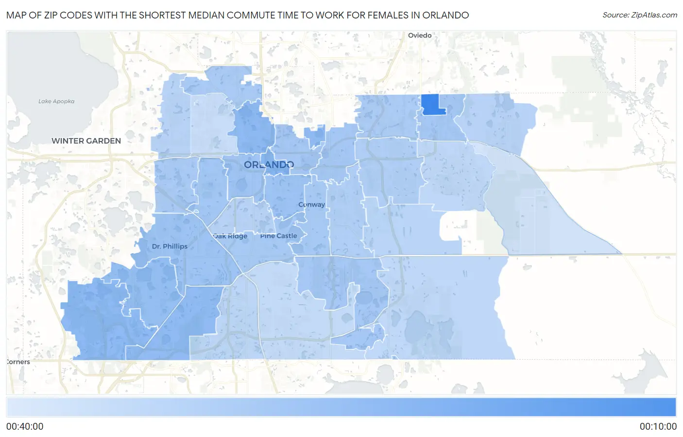 Zip Codes with the Shortest Median Commute Time to Work for Females in Orlando Map
