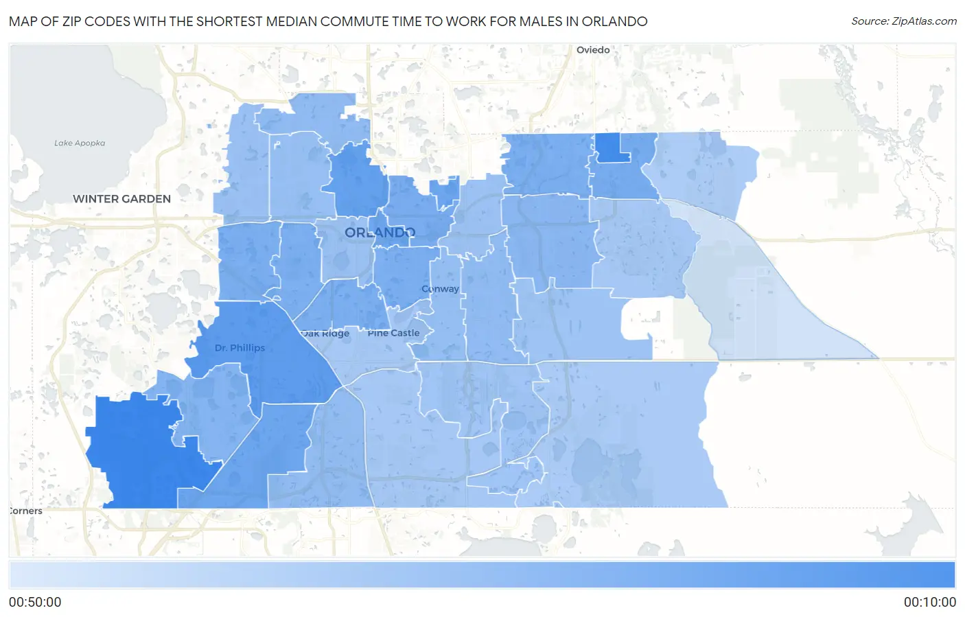 Zip Codes with the Shortest Median Commute Time to Work for Males in Orlando Map