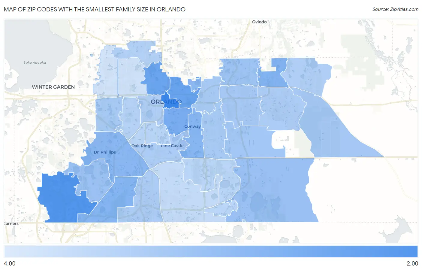 Zip Codes with the Smallest Family Size in Orlando Map