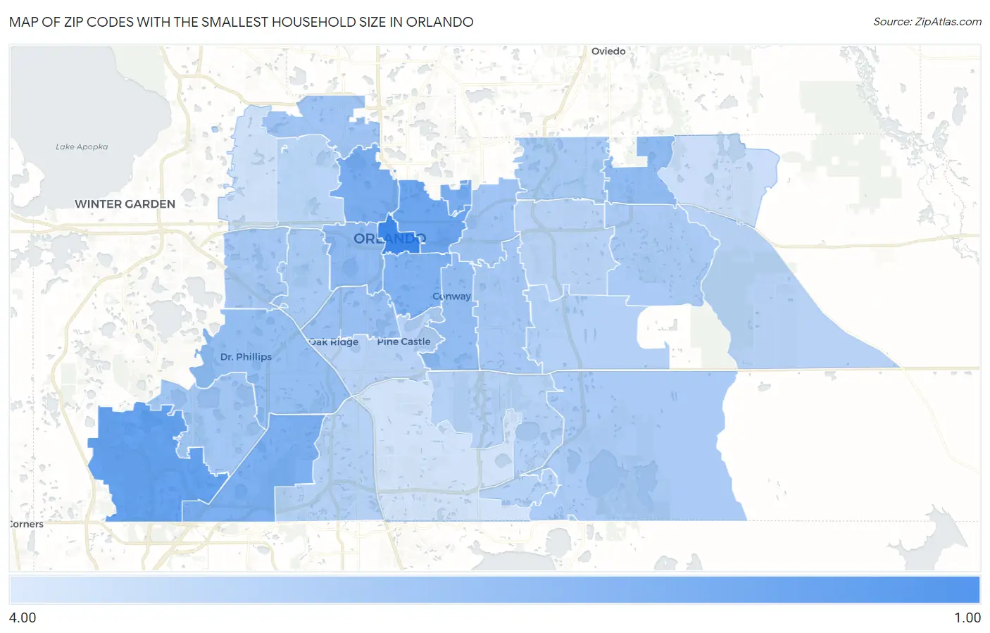 Zip Codes with the Smallest Household Size in Orlando Map