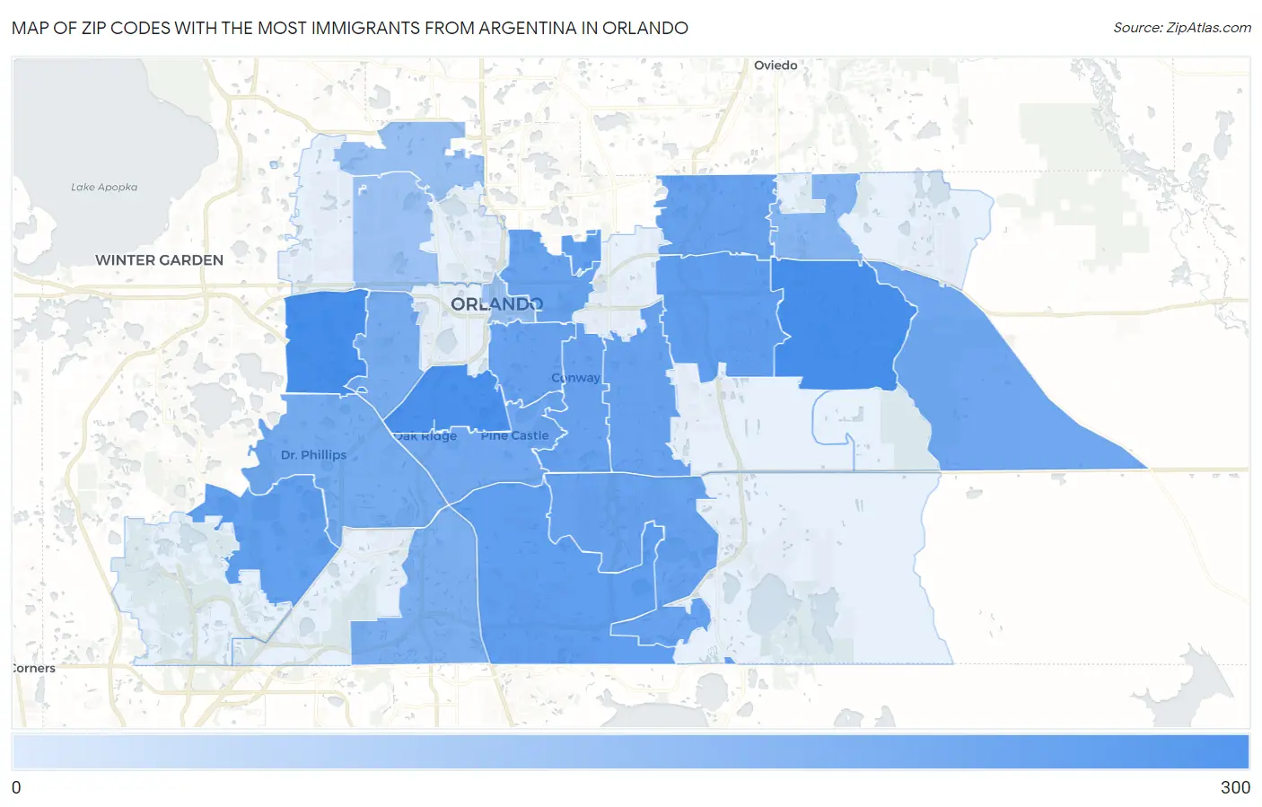Zip Codes with the Most Immigrants from Argentina in Orlando Map