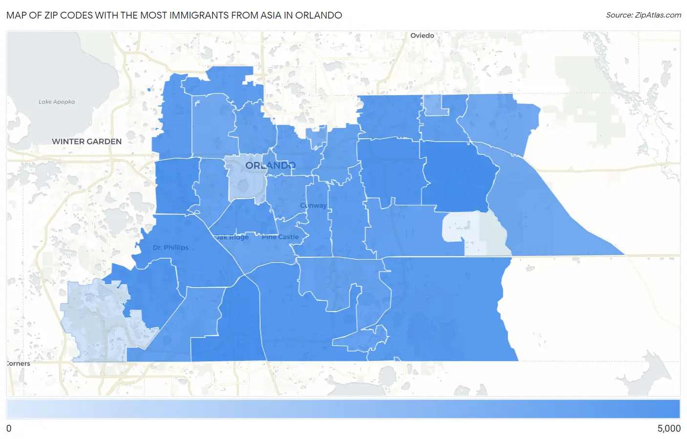 Zip Codes with the Most Immigrants from Asia in Orlando Map
