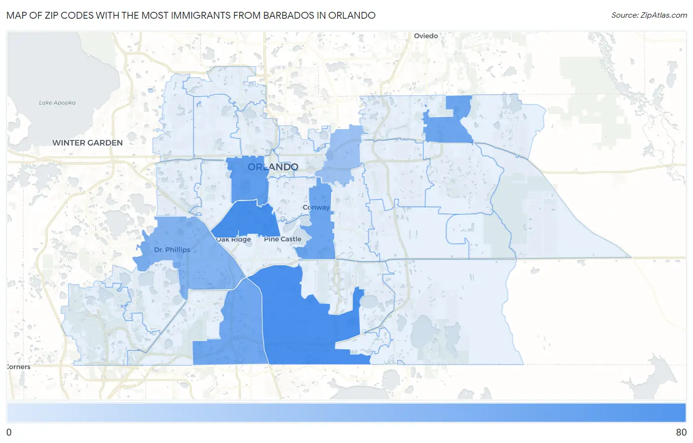 Zip Codes with the Most Immigrants from Barbados in Orlando Map
