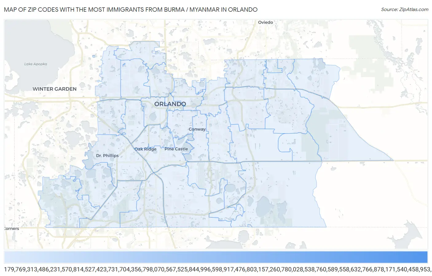 Zip Codes with the Most Immigrants from Burma / Myanmar in Orlando Map