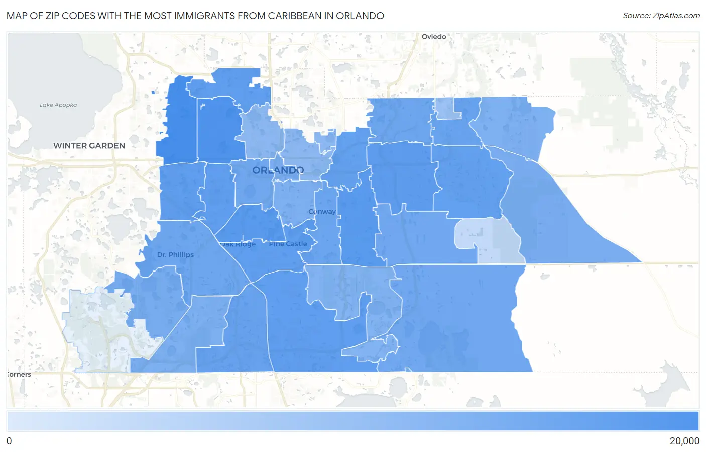 Zip Codes with the Most Immigrants from Caribbean in Orlando Map