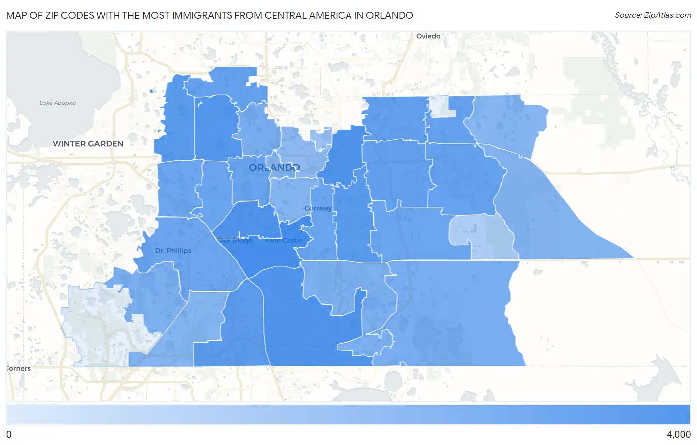 Zip Codes with the Most Immigrants from Central America in Orlando Map