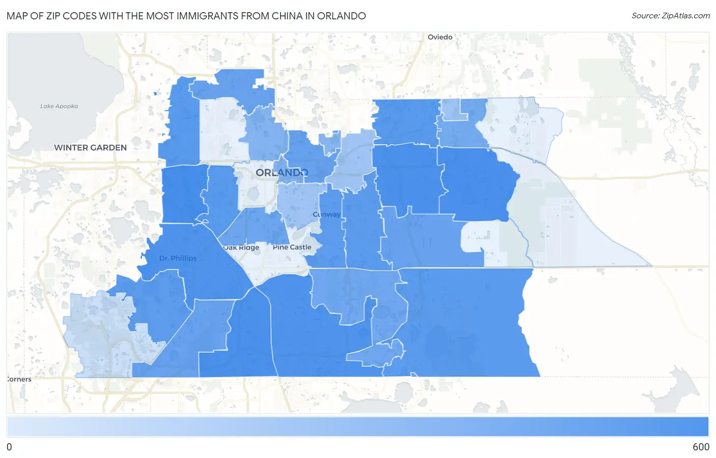 Zip Codes with the Most Immigrants from China in Orlando Map