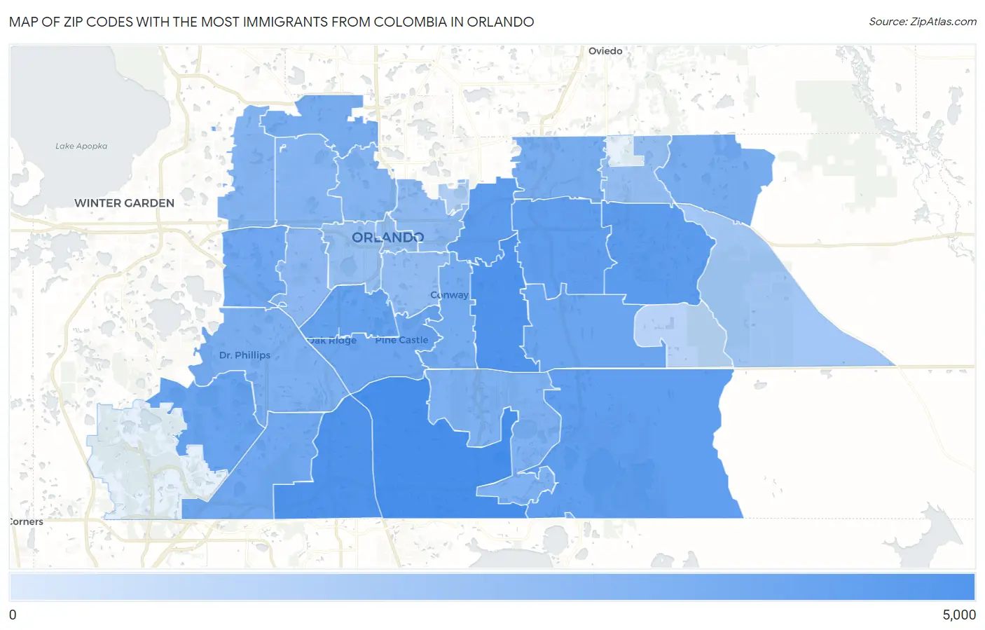Zip Codes with the Most Immigrants from Colombia in Orlando Map