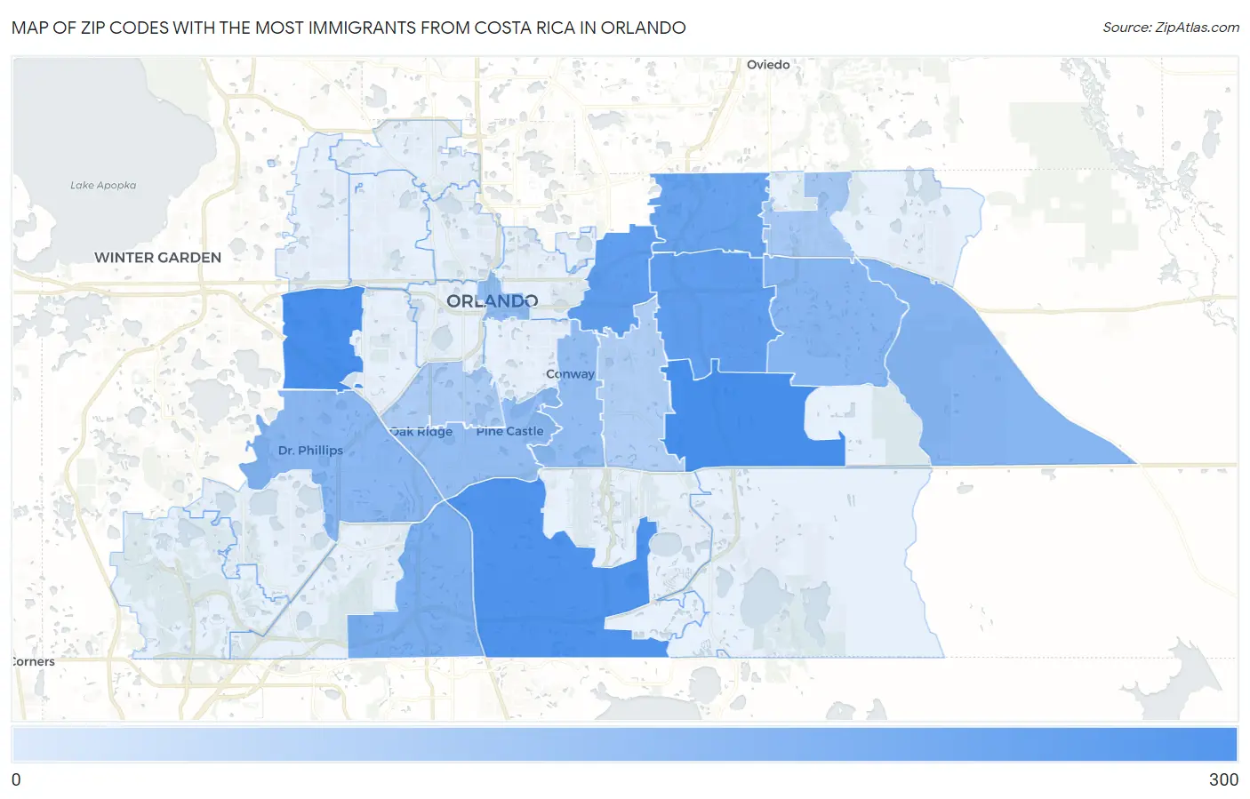 Zip Codes with the Most Immigrants from Costa Rica in Orlando Map