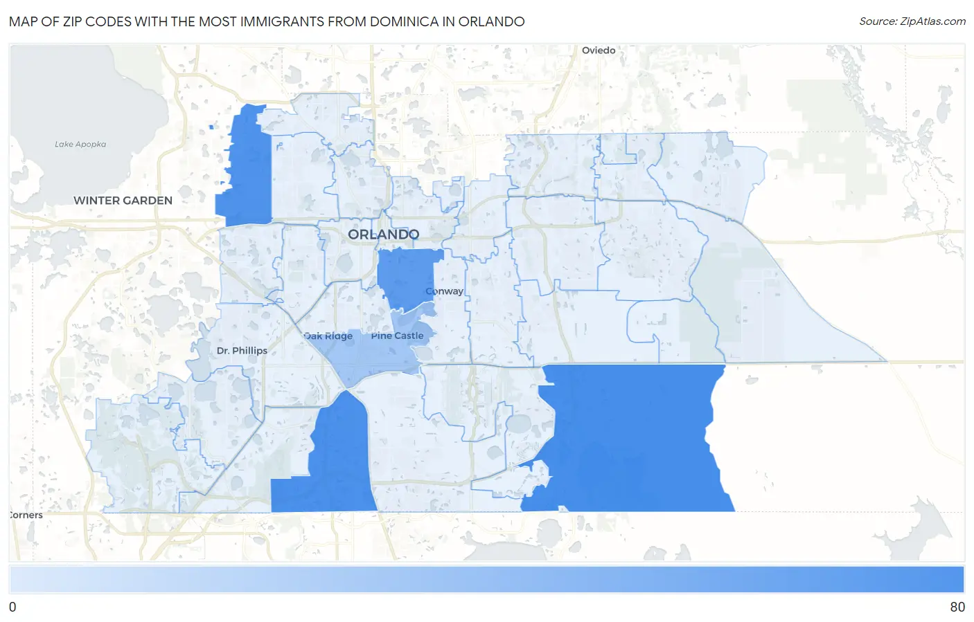 Zip Codes with the Most Immigrants from Dominica in Orlando Map