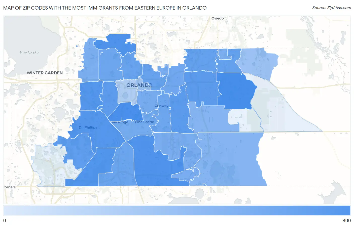 Zip Codes with the Most Immigrants from Eastern Europe in Orlando Map