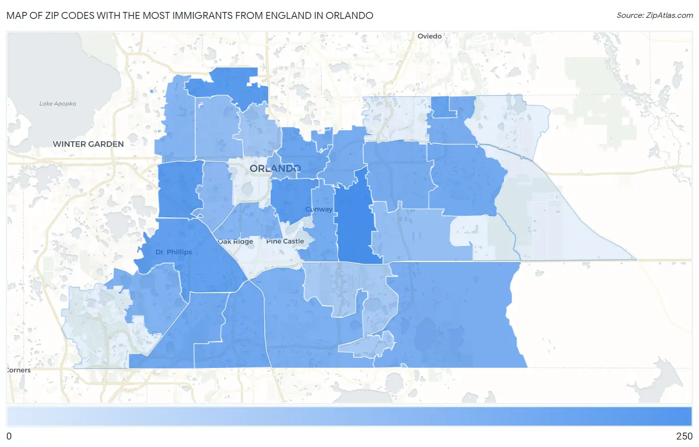 Zip Codes with the Most Immigrants from England in Orlando Map