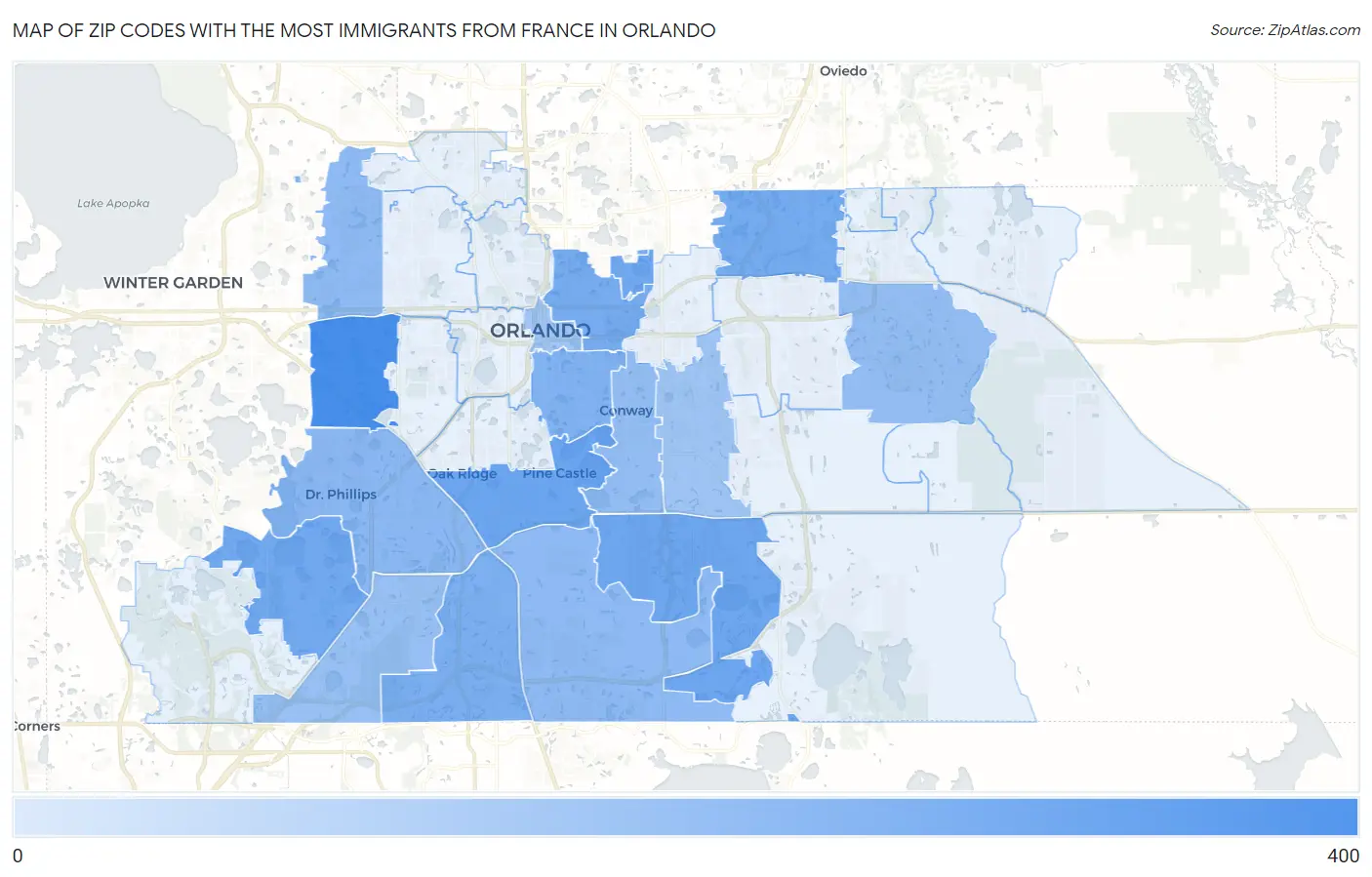 Zip Codes with the Most Immigrants from France in Orlando Map