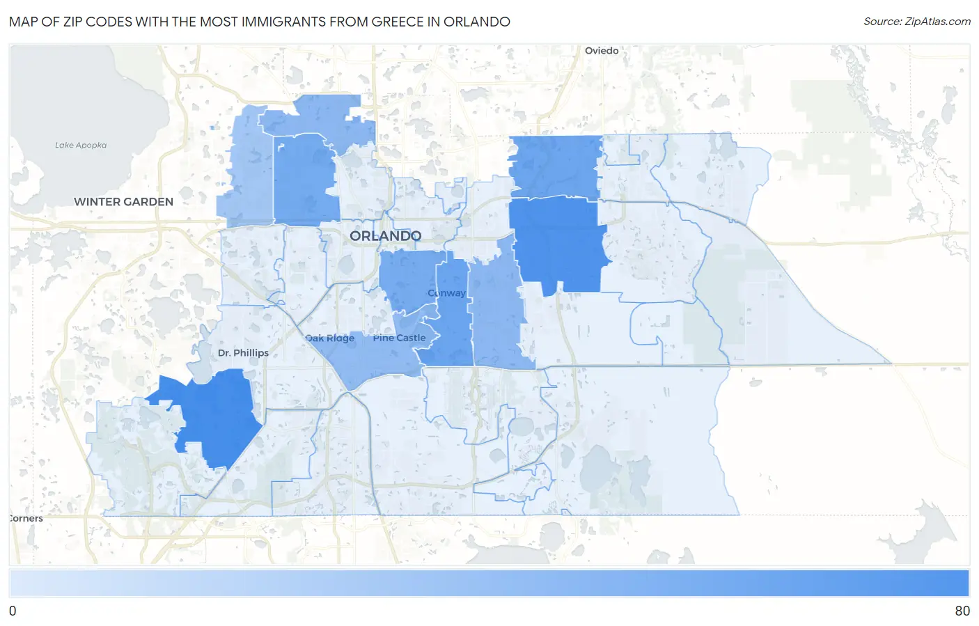 Zip Codes with the Most Immigrants from Greece in Orlando Map