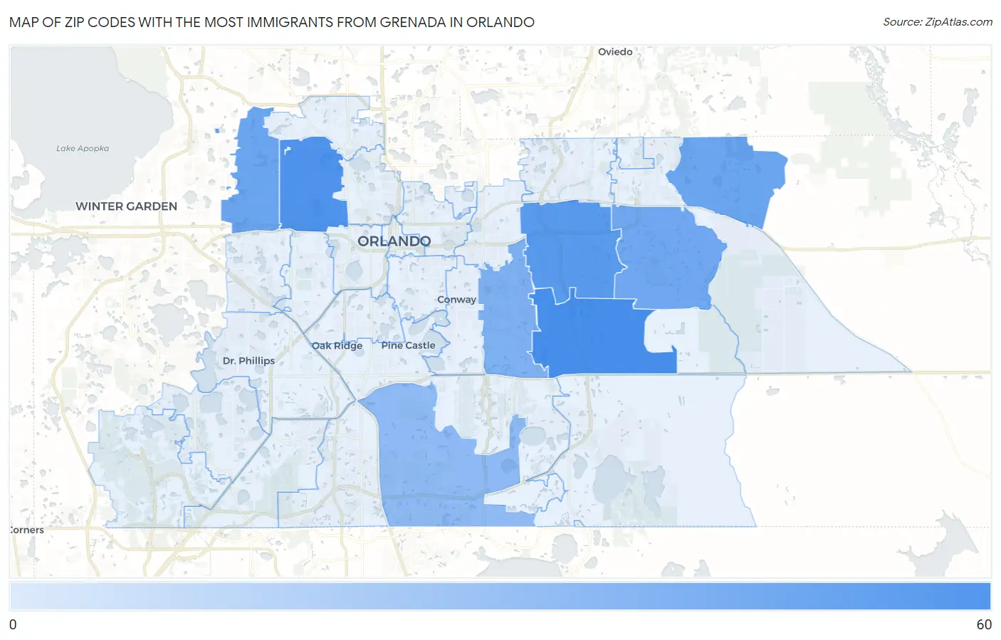 Zip Codes with the Most Immigrants from Grenada in Orlando Map