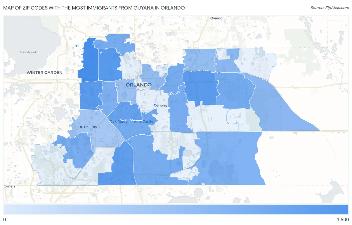 Zip Codes with the Most Immigrants from Guyana in Orlando Map