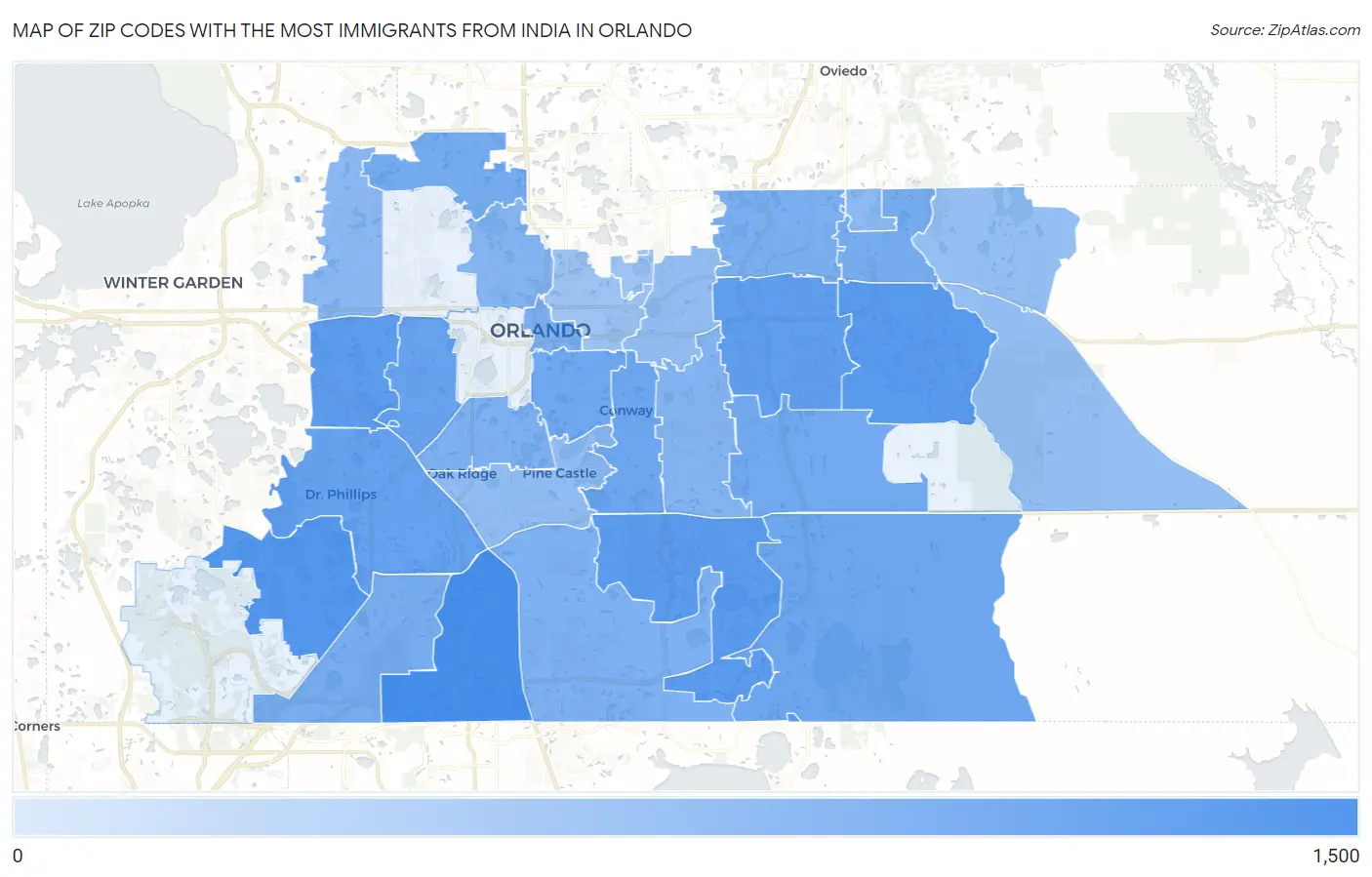 Zip Codes with the Most Immigrants from India in Orlando Map