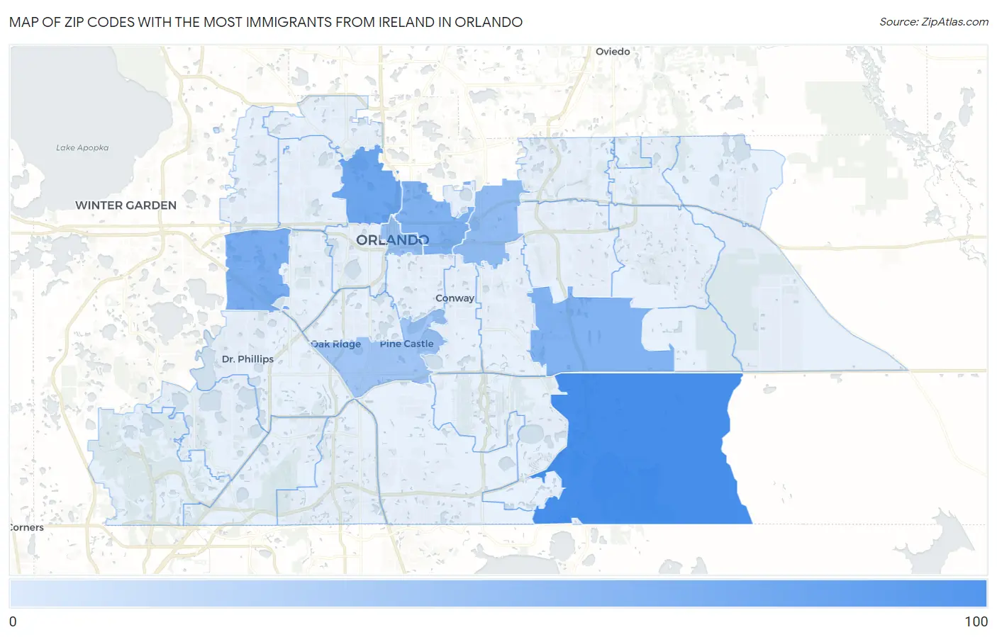 Zip Codes with the Most Immigrants from Ireland in Orlando Map